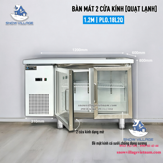 Bàn mát 2 cửa kính 1.2m Quạt lạnh PLO.18L2Q