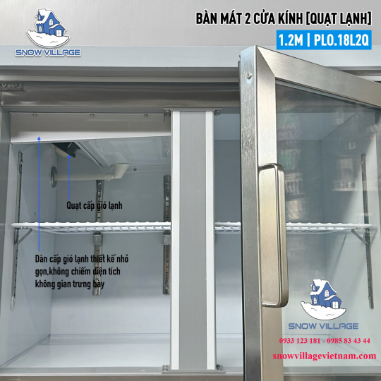 Bàn mát 2 cửa kính 1.2m Quạt lạnh PLO.18L2Q