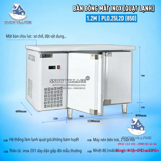 Bàn đông mát inox 1.2m cao cấp PLO.25L2D 850