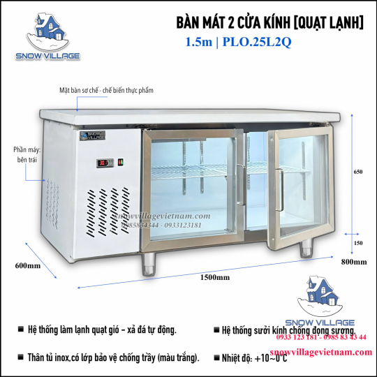 Bàn mát 2 cửa kính 1.5m Quạt lạnh PLO.25L2Q