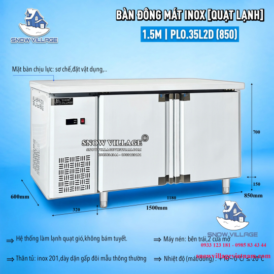 Bàn đông mát inox 1.5m cao cấp PLO.35L2D 850