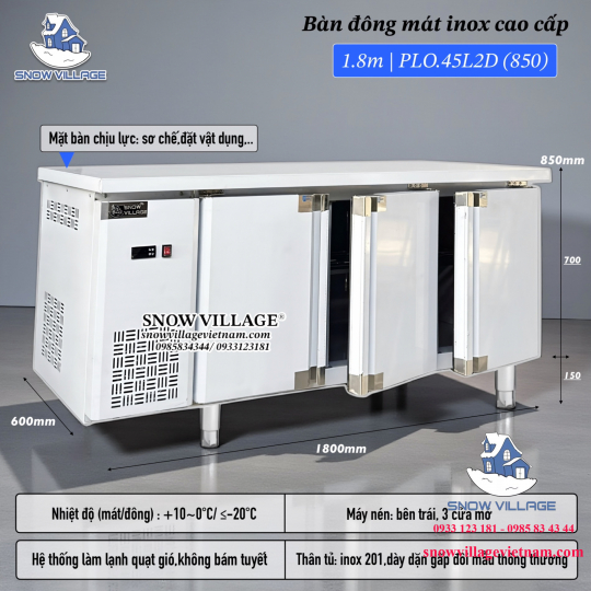 Bàn đông mát inox 1.8m cao cấp PLO.45L2D 850