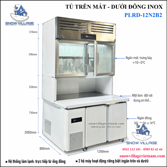 Tủ trên mát - dưới đông inox 1.2m PLRD-12N2B2